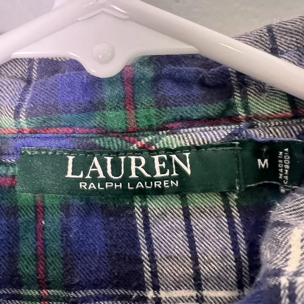 Lauren Ralph Lauren Sleepshirt Plaid Flannel Gold Crest Nightgown Preppy Sz M